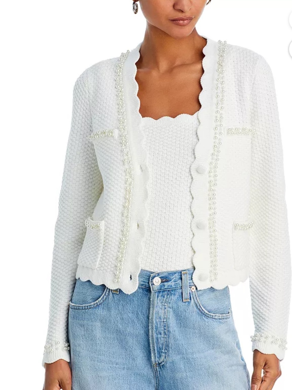 Aqua Cream Women's Cream Faux Pearl Embellished Cardigan